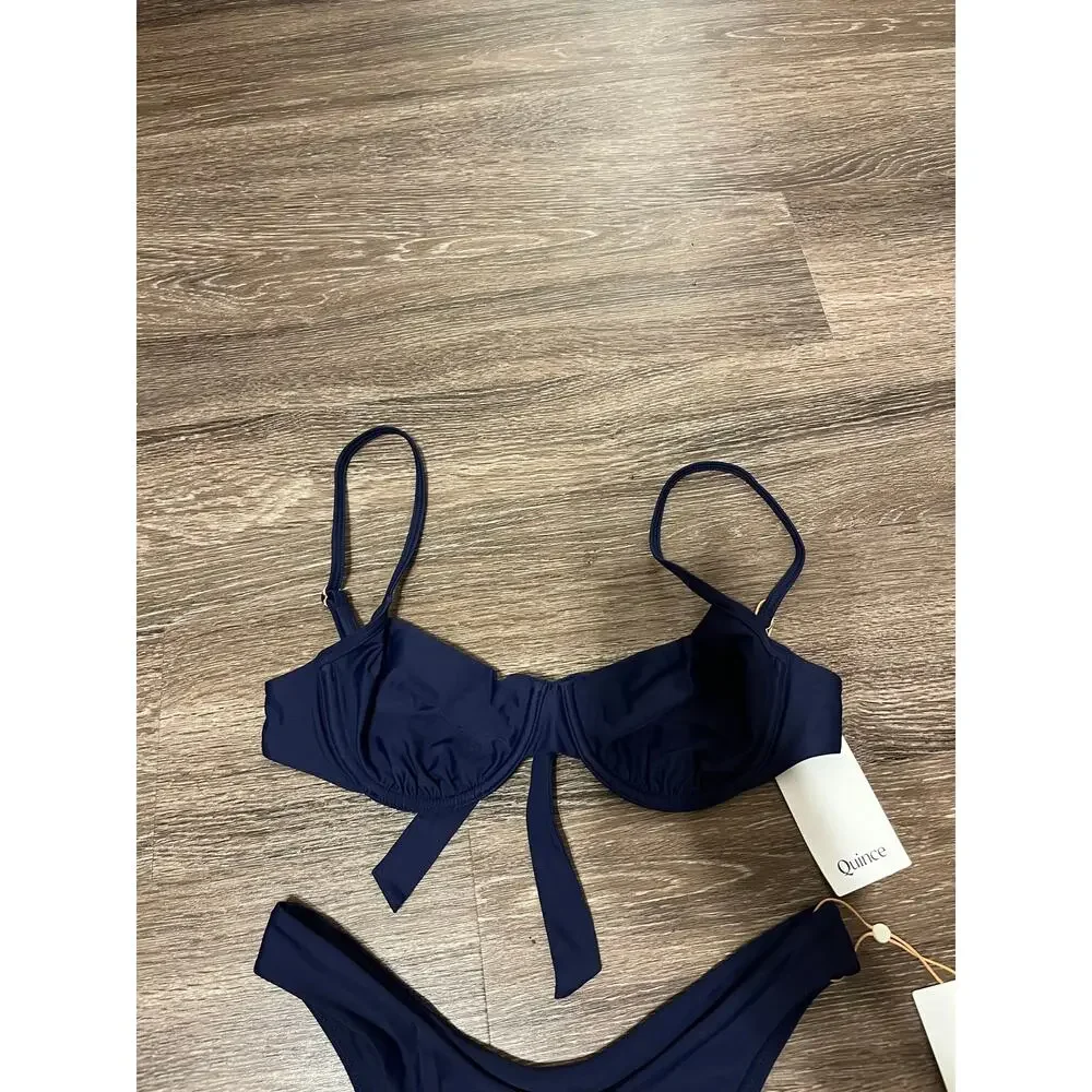 Quince Italian Demi Bikini Top and High Leg Bikini Bottom in Deep Navy Size S
